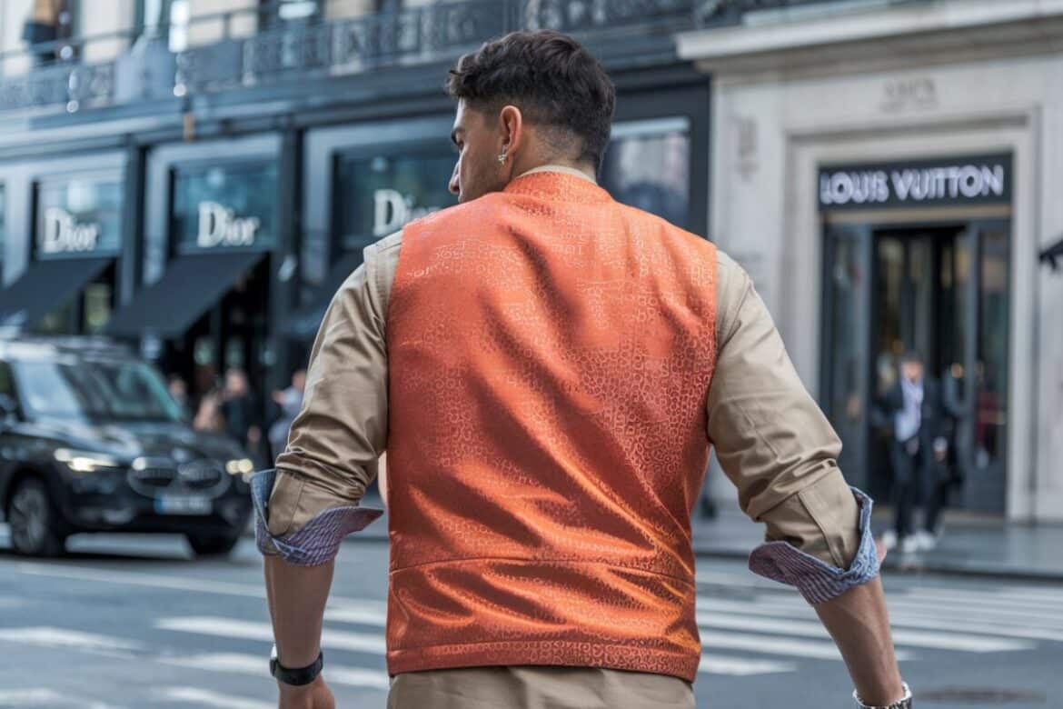 Homme portant un gilet vibrant dans un cadre urbain moderne, illustrant la mode estivale 2026.